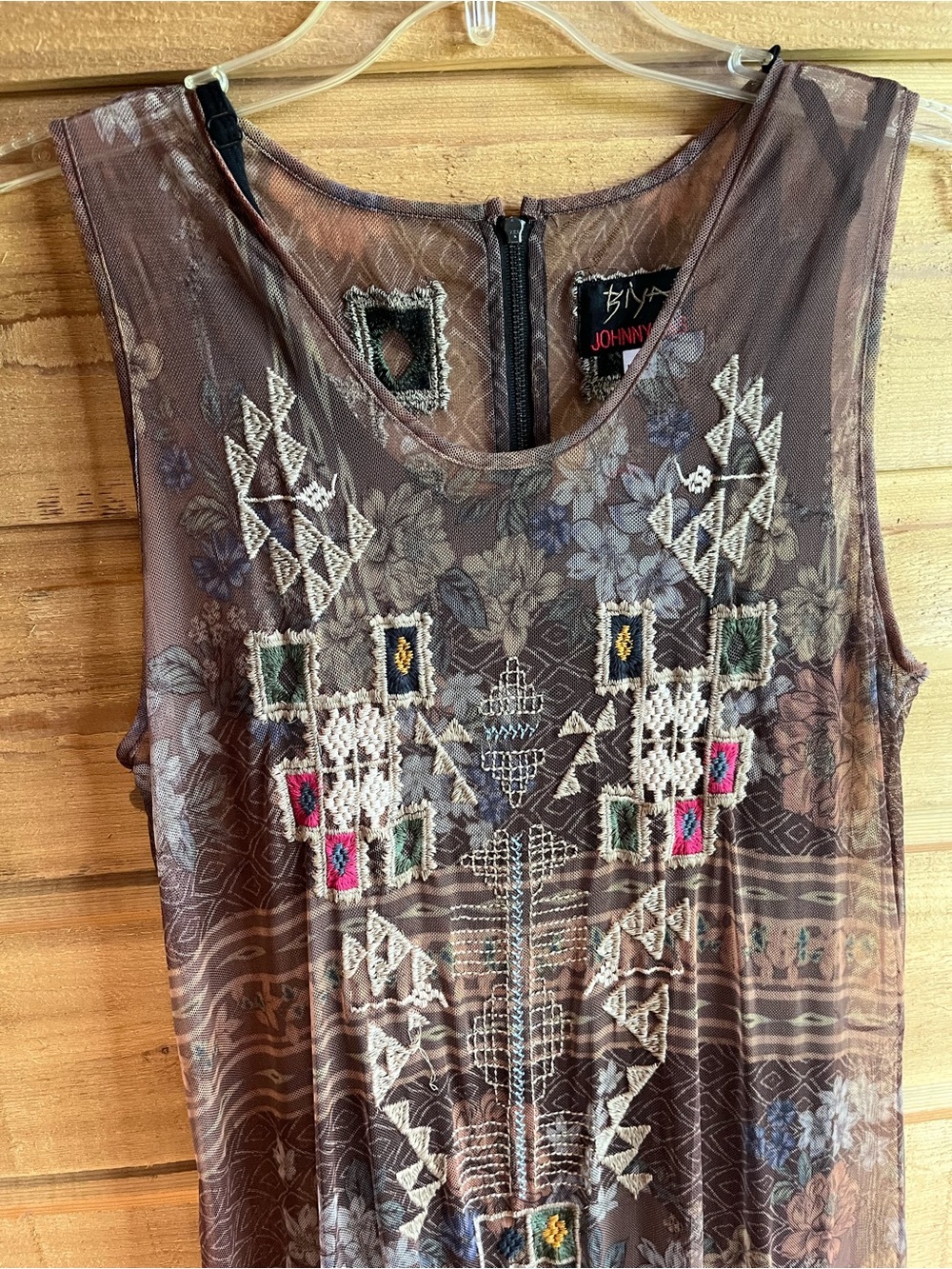 BIYA JOHNNY WAS - Embroidered Floral Maxi Dress with Mesh Overlay and Black Slip